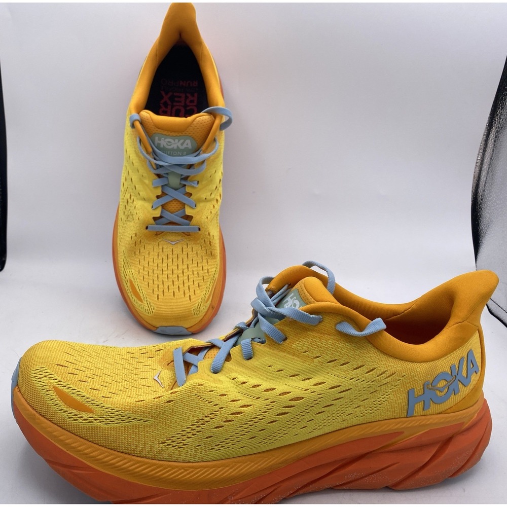 Hoka One One Clifton 8 Mens Running Shoes Yellow Orange Size 12.5D Lightweight